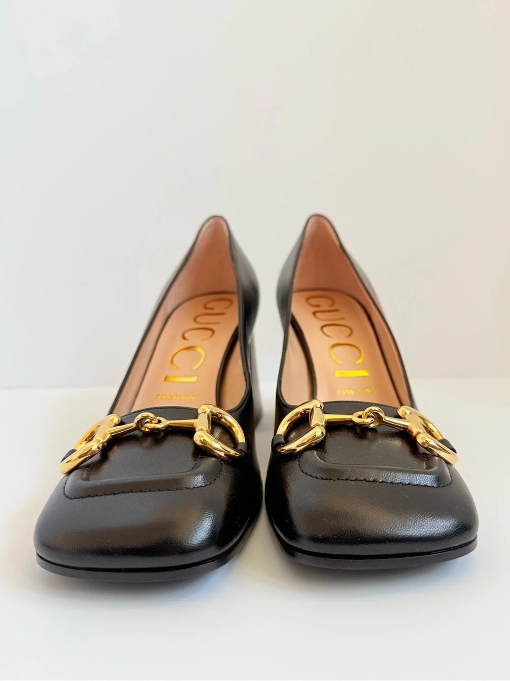 Gucci Malaga Kid Leather baby Horsebit Pumps Black Gold Block Heel EU 39 New
